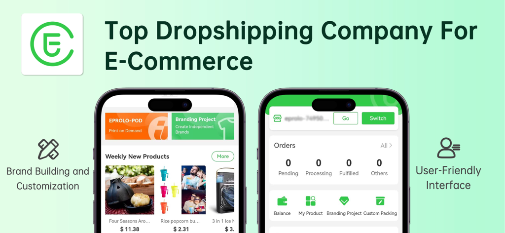 Painel do aplicativo móvel EPROLO para dropshipping e construção de marca de e-commerce