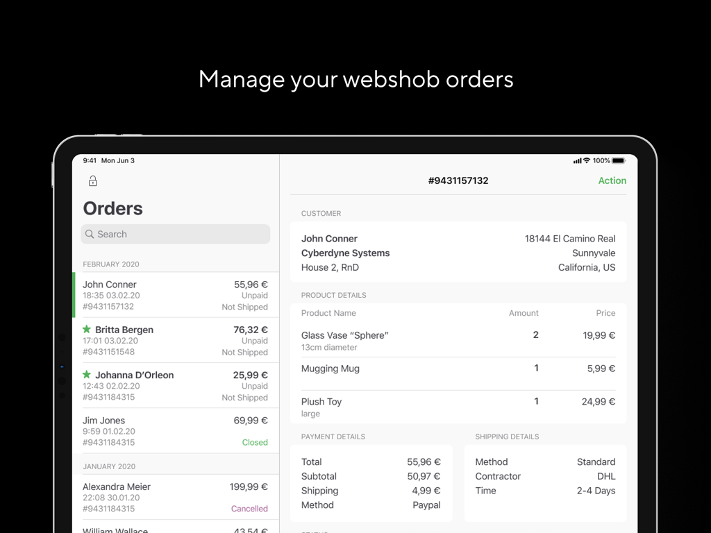 Shore POS iPad application interface showing webshop order management and customer details.
