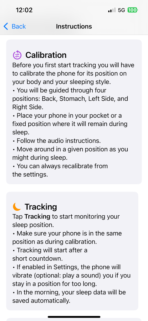 RePosa. - Instructions screen for the RePosa app detailing calibration and sleep position tracking steps.