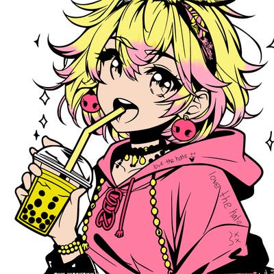 hot baddie anime girl drinking boba and biting the straw