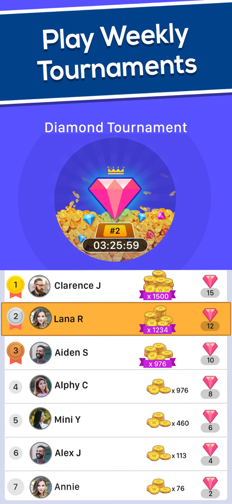 Crossword Jam: Fun Word Search - Weekly Diamond Tournament leaderboard in Crossword Jam showing player rankings and rewards
