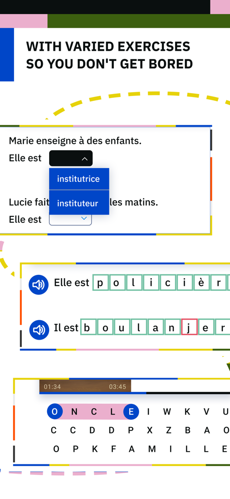 Variété d'exercices interactifs d'apprentissage de la langue française, y compris la sélection de vocabulaire et les jeux de mots.