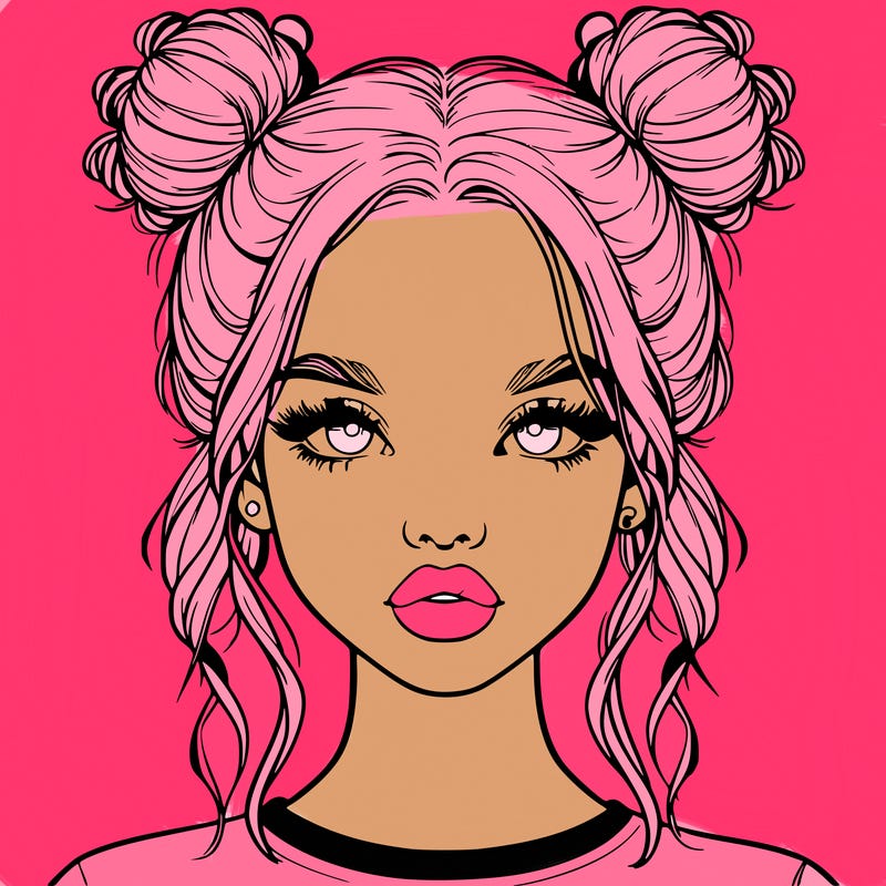 realistic girl with two buns in hair and lips