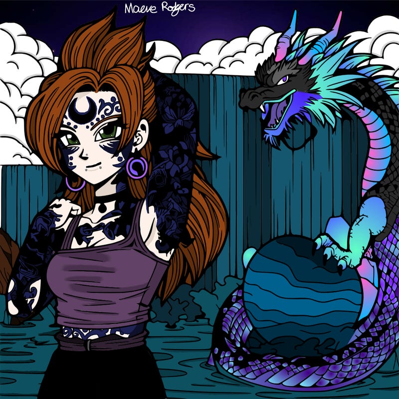 dbz anime beautiful punk woman with crescent moon tattoo on forehead with long hair and large water dragon pet, next to waterfall