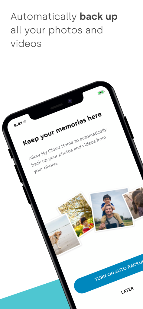 Mobile screen of the My Cloud Home app showing the automatic photo and video backup setup interface