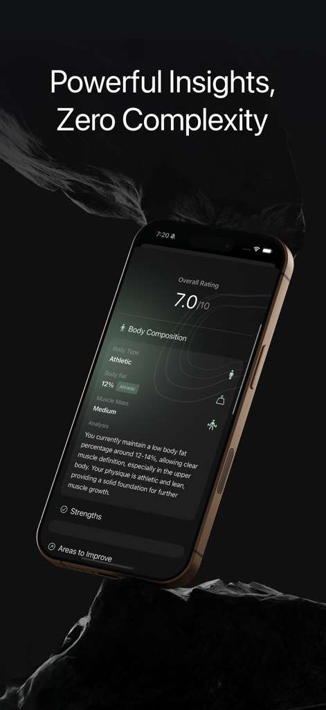 Ratr: Build Your Dream Body - スマートフォン画面。RatrアプリのAIボディコンポジション分析と体格スコアを表示しています。
