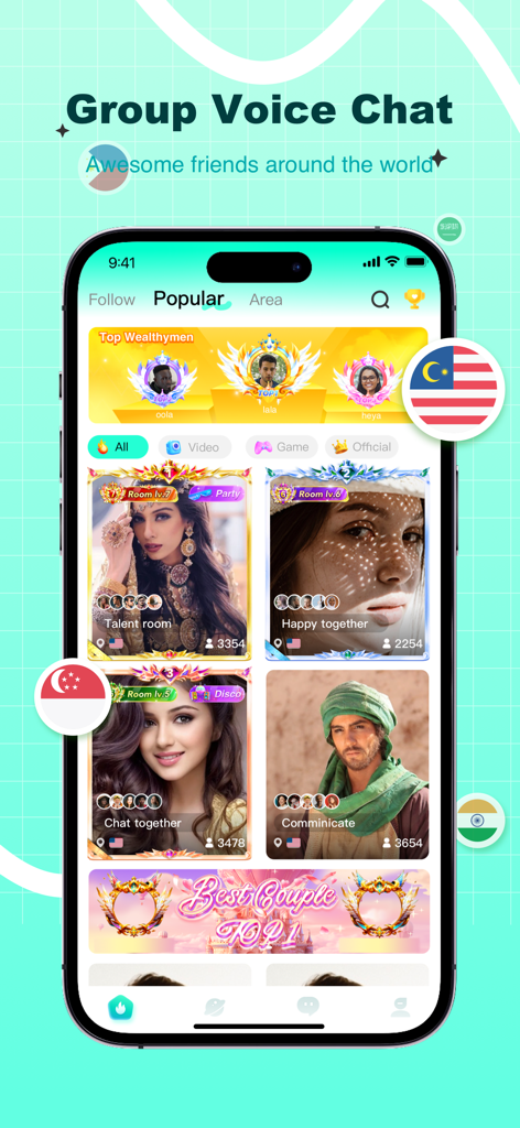 Interface of the Oohla app showing the popular group voice chat rooms with profiles of users and room categories