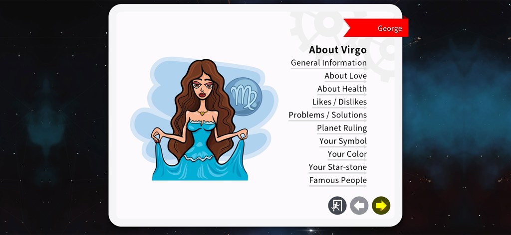 Detailed Virgo zodiac sign information screen with cartoon illustration.