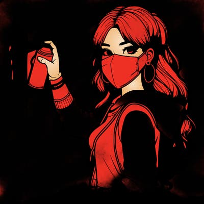 realistic girl with mask spray painting a wall