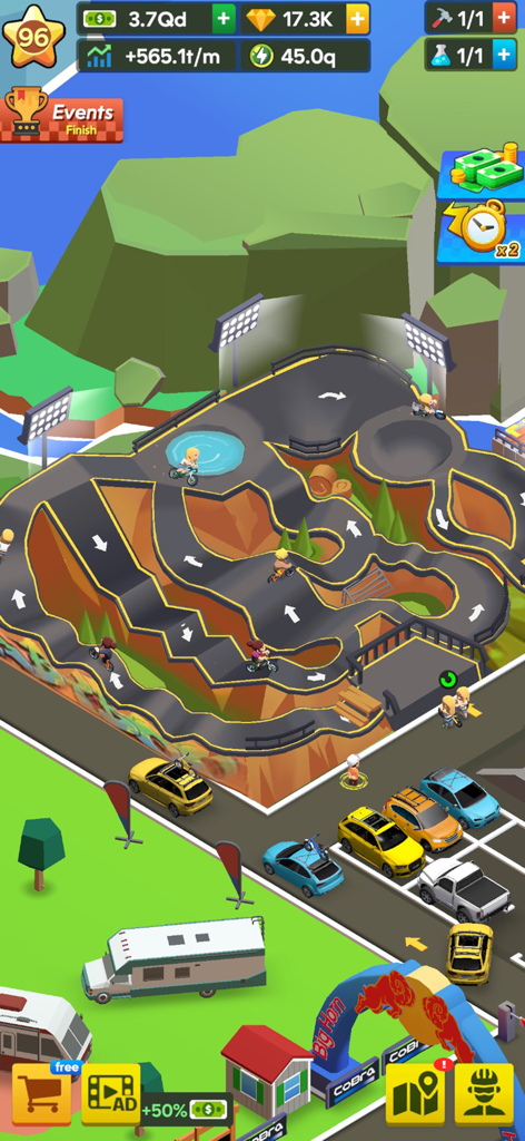 Vista isométrica de senderos de mountain bike y estacionamiento en un juego de gestión de magnates