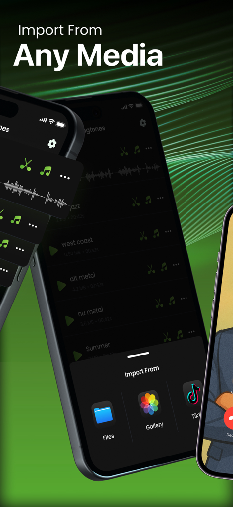 RingForge app interface showing options to import audio from files gallery and TikTok to create custom ringtones