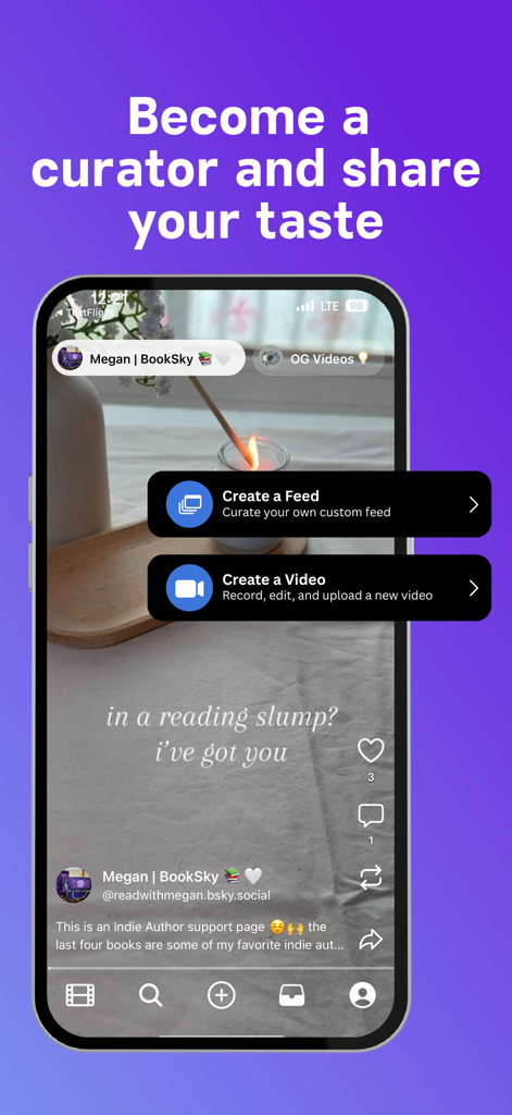 Skylight Social - Benutzeroberfläche der Skylight Social App, die Optionen zur Erstellung eines benutzerdefinierten Feeds und zur Aufnahme eines neuen Videos zeigt.