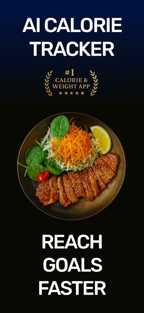 Optimeal: AI Calorie Counter - Interfaz de la aplicación de rastreo de calorías con IA que muestra una comida saludable y un eslogan para alcanzar objetivos más rápido