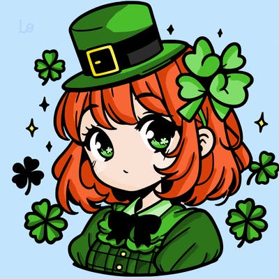 a manga-style girl with clovers around her, a little hat in her hair, like it's saint patrick's day