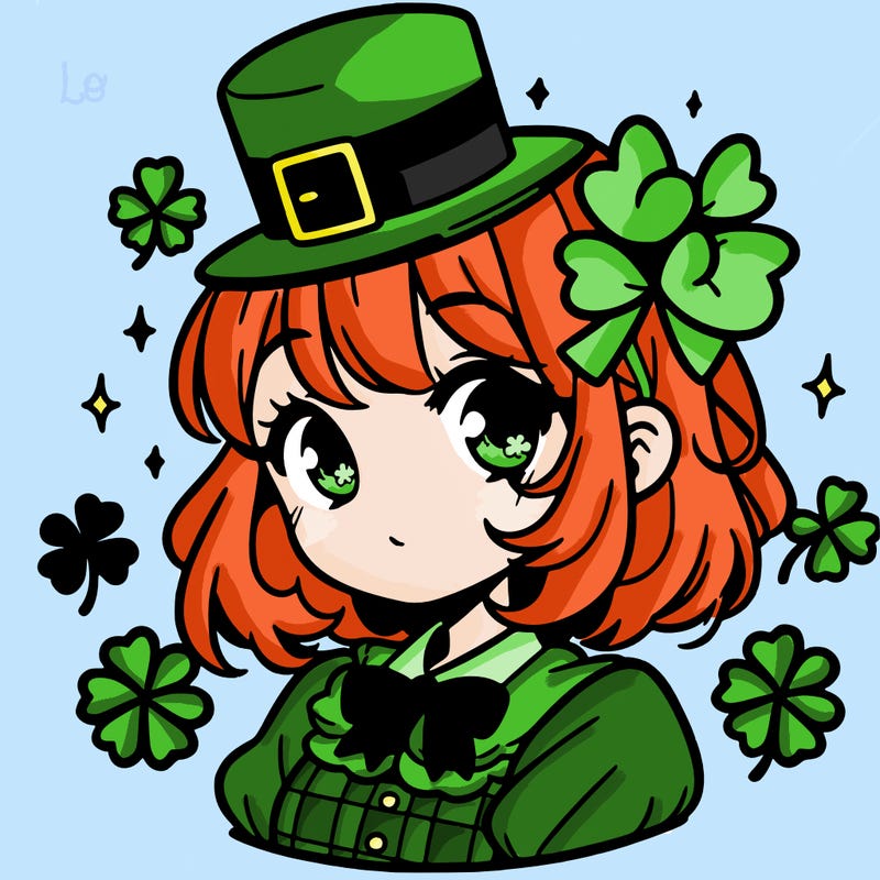 a manga-style girl with clovers around her, a little hat in her hair, like it's saint patrick's day