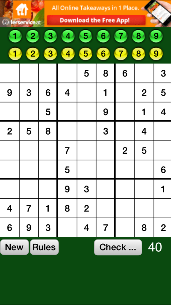 Simply Solitaire - A classic Sudoku puzzle interface with a green background and numbered input buttons