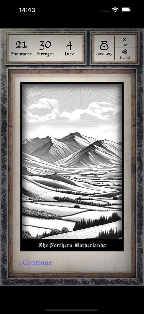 Una captura de pantalla de Hero Of Fate que muestra estadísticas de personajes para Resistencia, Fuerza y Suerte por encima de una ilustración en blanco y negro de las montañas de Northern Borderlands.