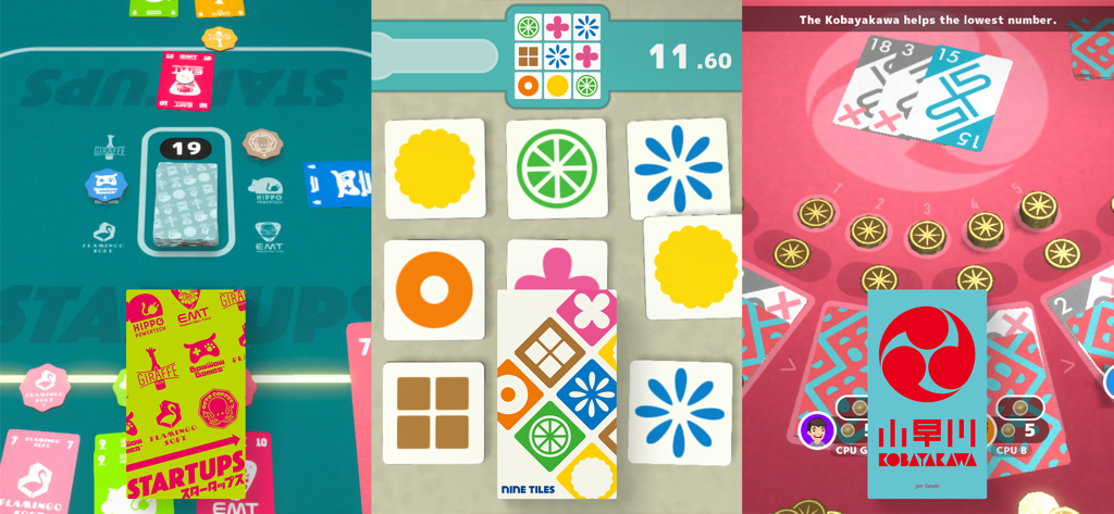 Let's Play! Oink Games - A split screen showing the minimalist digital interfaces for three different Japanese board games: Startups, Nine Tiles, and Kobayakawa.