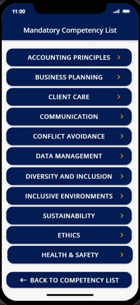 Pantalla de la aplicación RICS APC Revision que muestra la lista de competencias obligatorias para la evaluación de la competencia profesional.