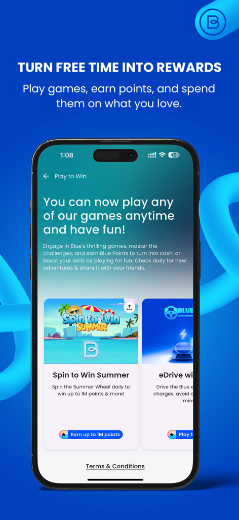 Blue Rewards app screen showing in-app games to earn points and rewards.