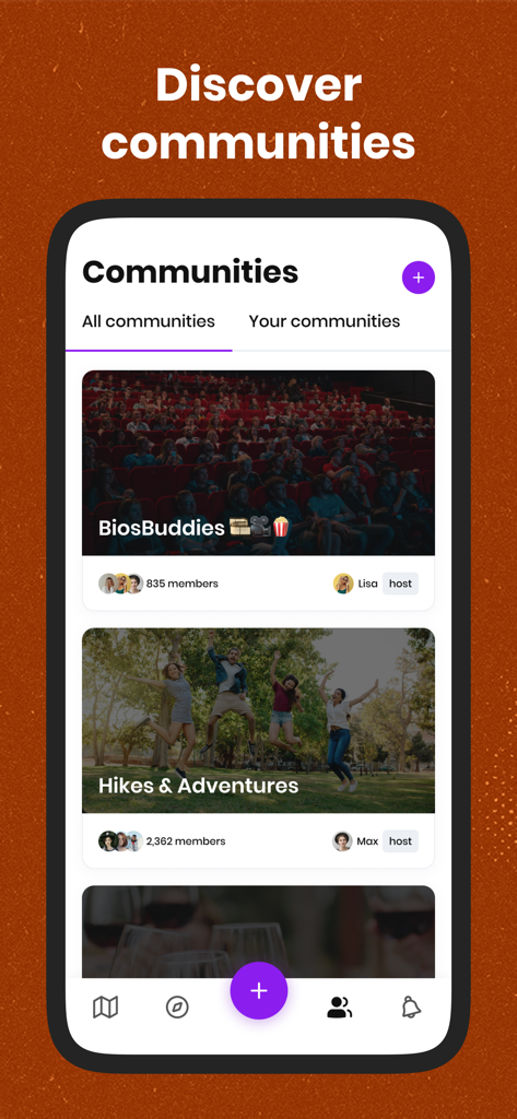 Amigos - Meet fun people - さまざまなソーシャルグループやコミュニティを表示するAmigosアプリの画面。