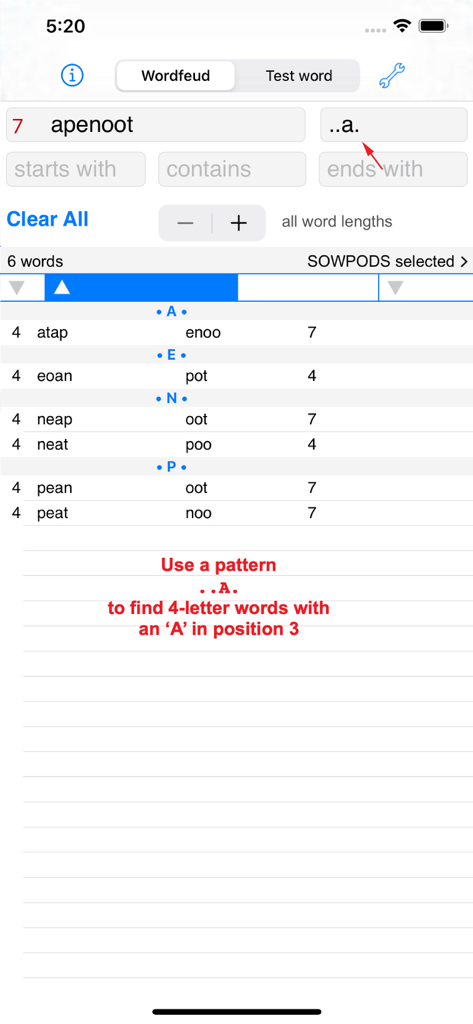 Words Finder Wordfeud/SOWPODS - Interface of Words Finder showing a search for 4-letter words with A in the third position