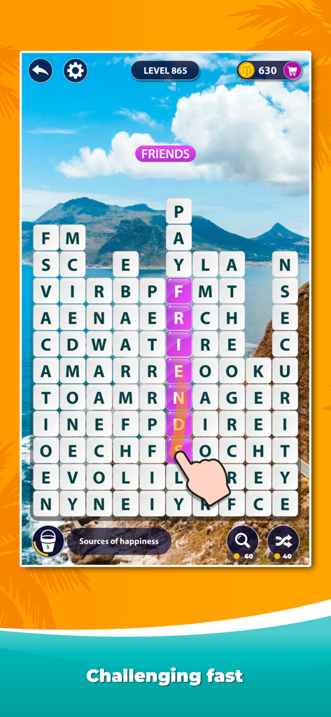해안 배경에서 'friends'라는 단어가 선택되는 단어 찾기 퍼즐을 보여주는 Word Surf 게임 플레이 스크린샷