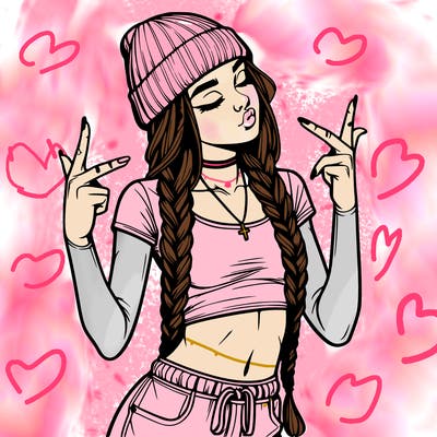 realistic teenage girl with braids and a beanie and crop top doing 🫶🏼