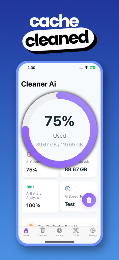 Interface of the Cleaner Ai app showing a storage dashboard with seventy-five percent used space and a cache cleaned notification