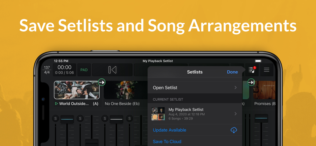 Playback - プレイバックアプリのスクリーンショット。モバイルデバイスでのセットリストと曲のアレンジメントの保存方法を表示。
