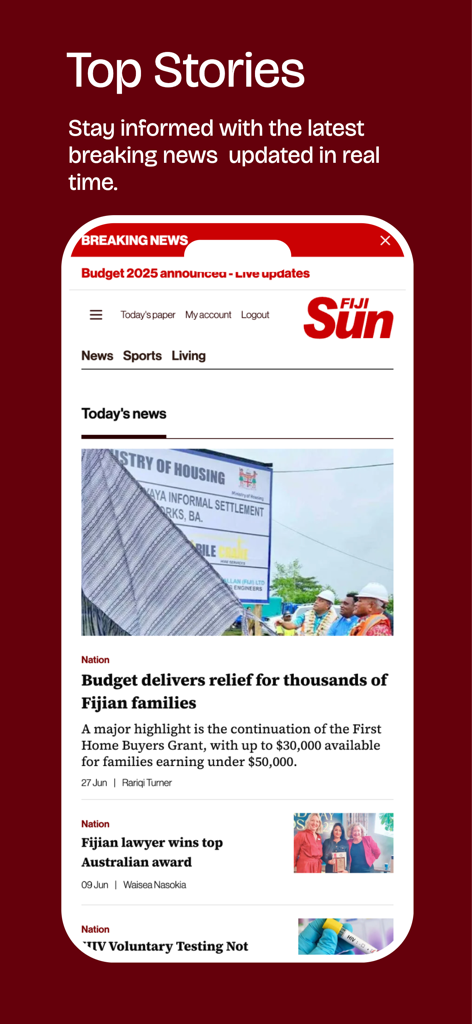 Fiji Sun - Fiji Sun mobile app interface showing top stories and breaking news updates