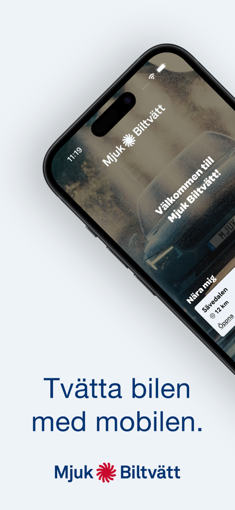 Mjuk Biltvatt app interface on a smartphone screen showing Swedish car wash services.