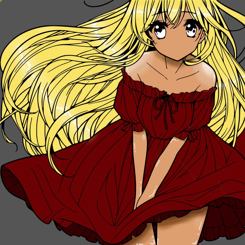 manga girl with long flowing hair and a dress that is pushed down