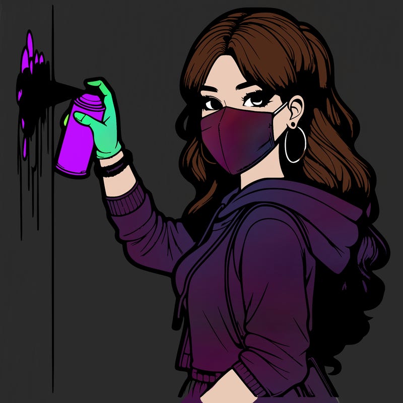 realistic girl with mask spray painting a wall