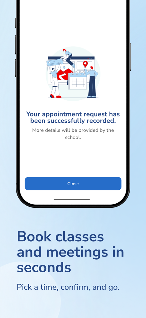 MYES - My English School - A mobile screen from the MYES app confirming that an appointment request for an English class has been successfully recorded.