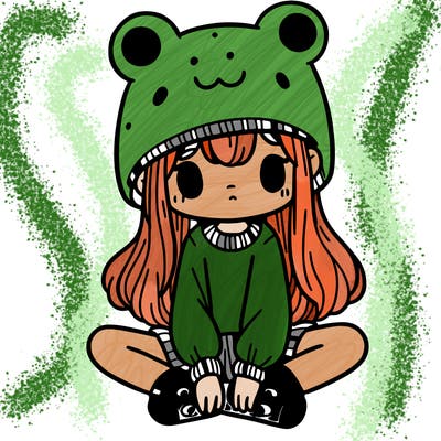 a girl wearing a frog hat and some frog socks