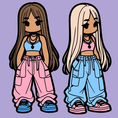 girl in baggy pants crop top and long hair