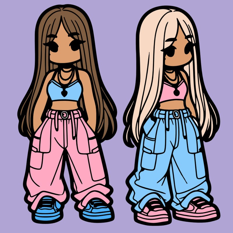 girl in baggy pants crop top and long hair