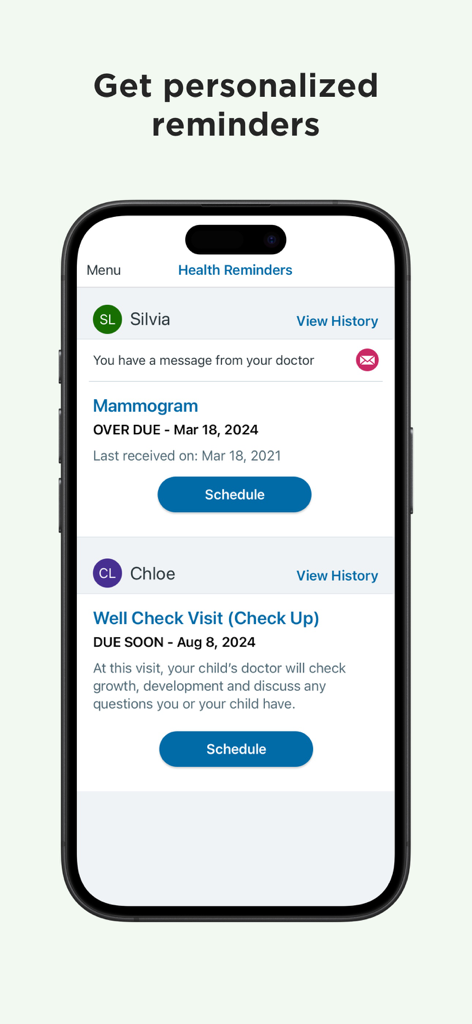 My Doctor Online (NCAL Only) - Interface of the My Doctor Online app showing personalized health reminders for medical appointments and screenings