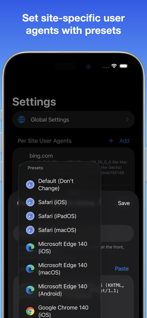 Unagent User Agent Switcher - List of browser user agent presets in the Unagent app settings.