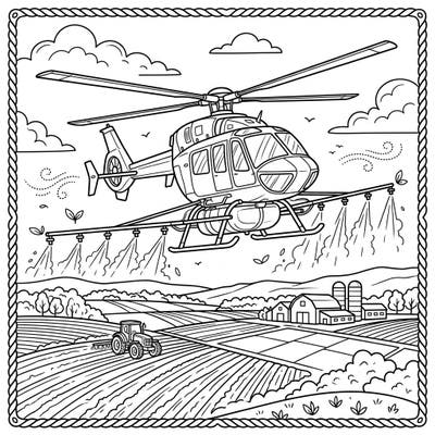 Discover the fascinating world of modern agriculture with this dynamic coloring page featuring an agricultural helicopter. Watch as it sprays vital nutrients over vast farm fields, bringing life to the landscape alongside a busy tractor.