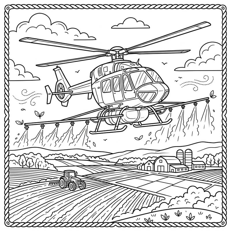 Discover the fascinating world of modern agriculture with this dynamic coloring page featuring an agricultural helicopter. Watch as it sprays vital nutrients over vast farm fields, bringing life to the landscape alongside a busy tractor.