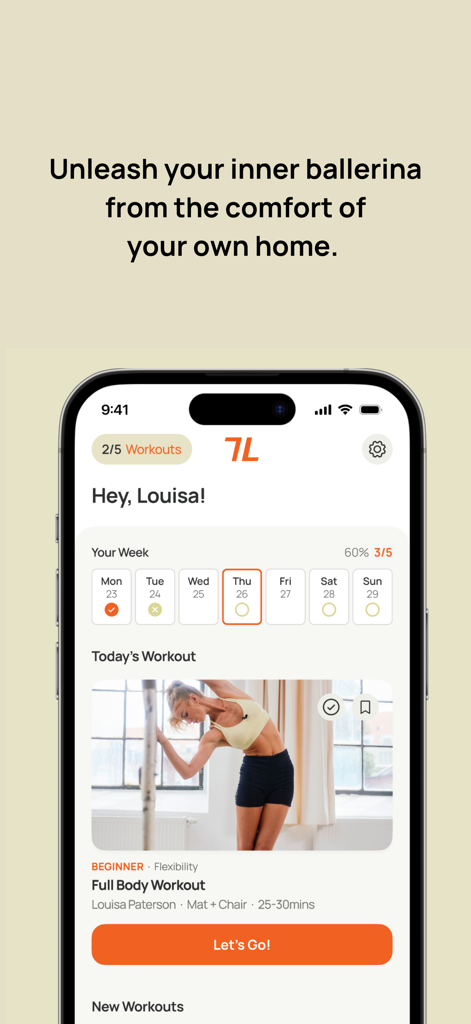 Smartphone screen showing the TrainLikeBallerina app interface with a personalized daily workout schedule and a ballerina flexibility training session.