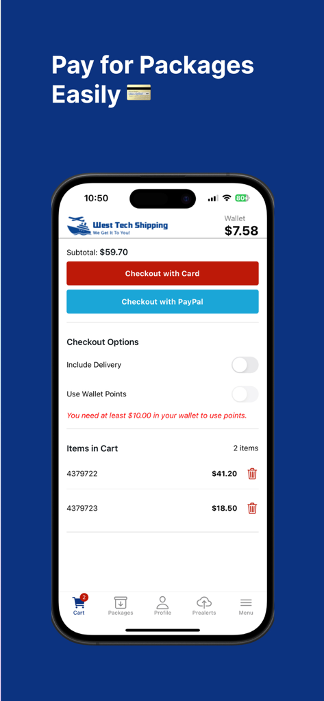 West Tech Shipping - West Tech Shipping mobile app checkout screen showing package payment options via card and PayPal