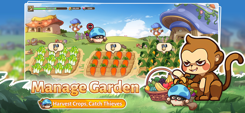 Legend of Mushroom - Una colorida pantalla de juego "Gestionar jardín" en Legend of Mushroom mostrando cultivos cosechables y personajes adorables