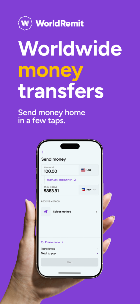 WorldRemit: Money Transfer App - Eine Hand hält ein Smartphone mit der WorldRemit App-Oberfläche für den Geldversand von USD nach PHP