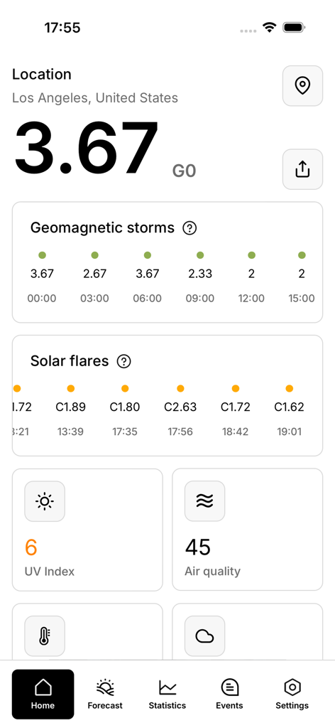 Meteoweser - geomagnetic storm - Meteoweser app interface showing geomagnetic storms solar flares UV index and air quality