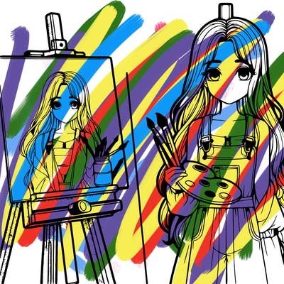 a realistic girl with long hair and shes a painter shes holding a paint pallet and easel with a blank canvas on it next to her