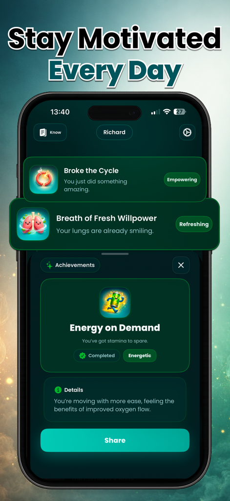 Capture d'écran mobile de l'application Quit Nic affichant des cartes de réussite comme 'Briser le cycle' et 'Énergie à la demande' pour motiver les utilisateurs qui arrêtent de fumer
