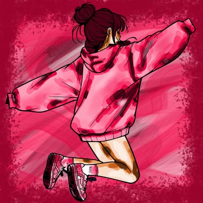 realistic girl jumping with a bun and oversized sweatshirt